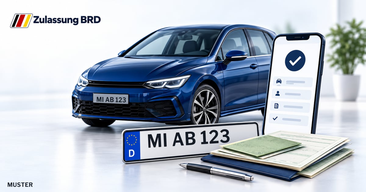 Online Fahrzeugzulassung in Espelkamp: Musterkennzeichen MI AB 123, Auto und Fahrzeugpapiere und Smartphone. Illustration mit Logo von Zulassung BRD.